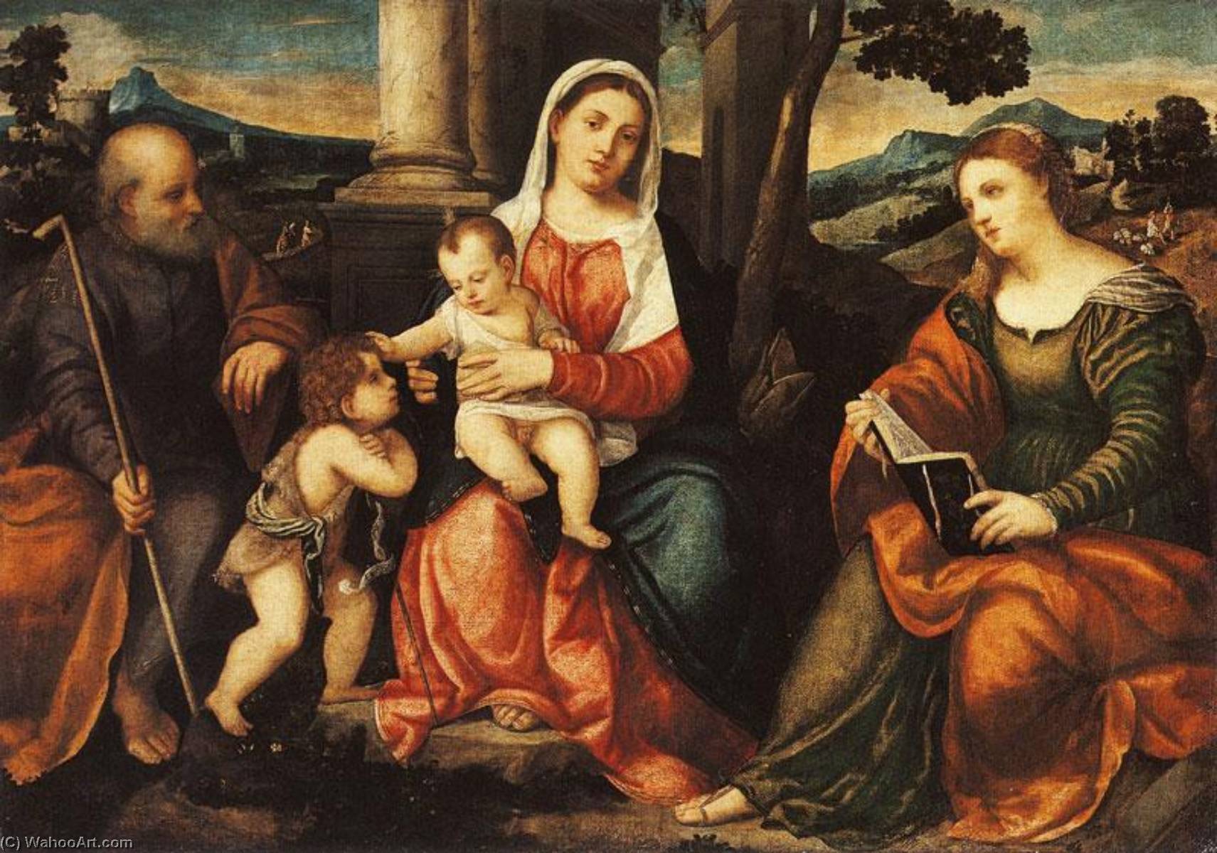 Wikioo.org - The Encyclopedia of Fine Arts - Painting, Artwork by Bonifazio Veronese (Bonifazio De Pitati) - The Holy Family with the Young St. John the Baptist and St. Catherine of Alexandria