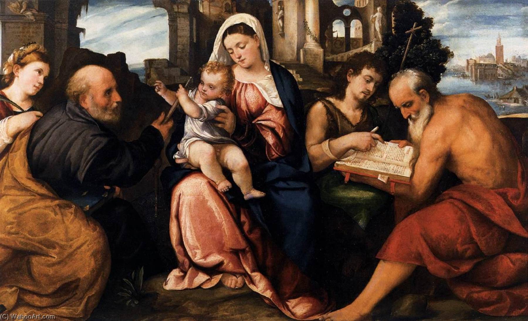 Wikoo.org - موسوعة الفنون الجميلة - اللوحة، العمل الفني Bonifazio Veronese (Bonifazio De Pitati) - Virgin and Child with Saints