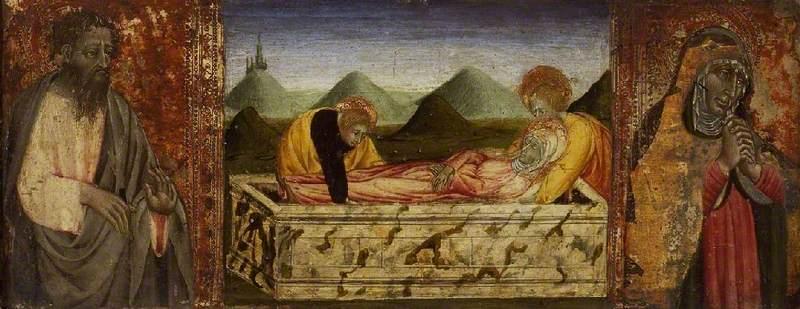 Wikioo.org - The Encyclopedia of Fine Arts - Painting, Artwork by Giovanni Di Paolo Di Grazia - The Entombment of the Virgin, Saint Bartholomew and a Female Saint