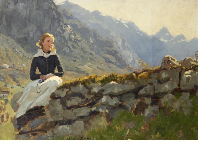 Wikioo.org - The Encyclopedia of Fine Arts - Painting, Artwork by Hans Andreas Dahl - Girl seated on a stone wall