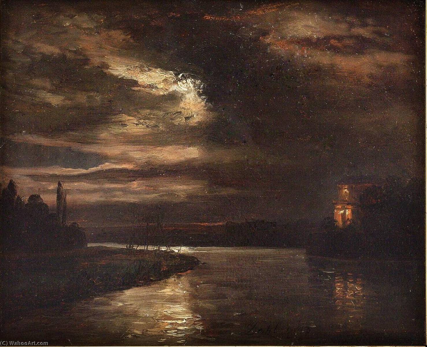 Wikioo.org - The Encyclopedia of Fine Arts - Painting, Artwork by Hans Andreas Dahl - Moonlight over Elbe