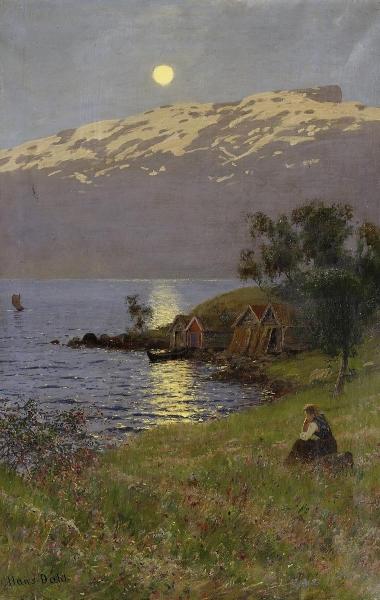 Wikioo.org - The Encyclopedia of Fine Arts - Painting, Artwork by Hans Andreas Dahl - Midnight Sun over the Fjord