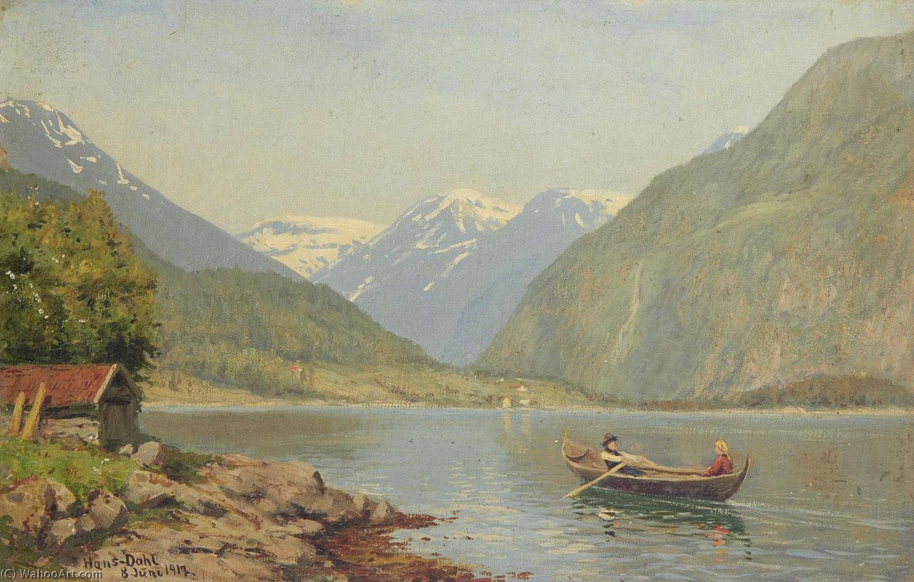 Wikioo.org - Die Enzyklopädie bildender Kunst - Malerei, Kunstwerk von Hans Andreas Dahl - Figuren in ein kahn auf einer Fjord