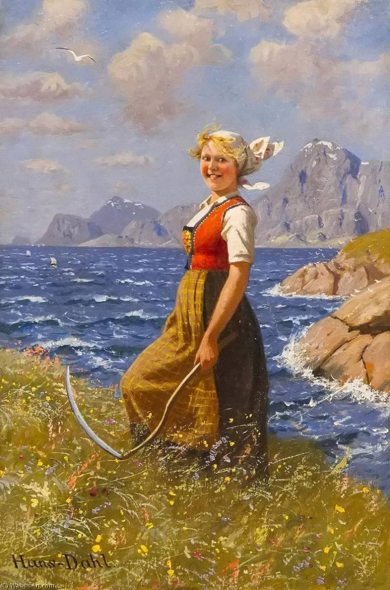 Wikioo.org - The Encyclopedia of Fine Arts - Painting, Artwork by Hans Andreas Dahl - Maid with Scythe