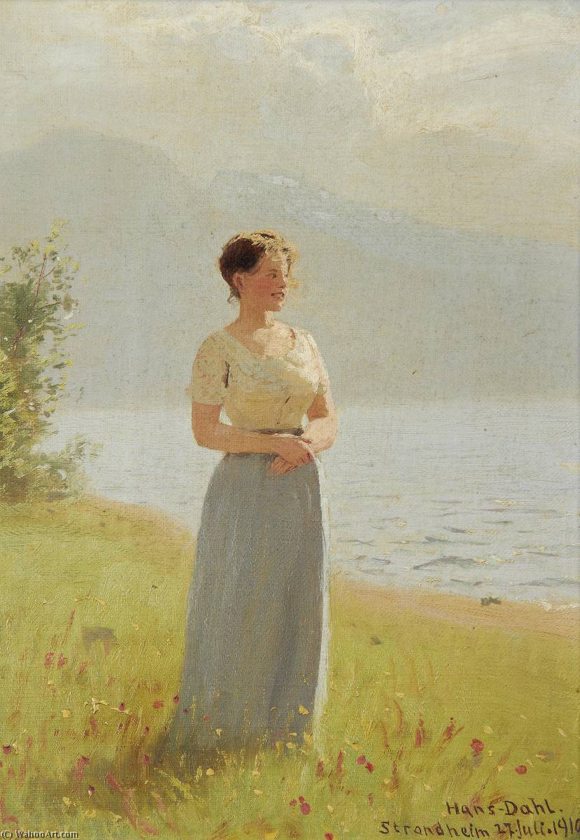 Wikioo.org - The Encyclopedia of Fine Arts - Painting, Artwork by Hans Andreas Dahl - Girl beside a fjord
