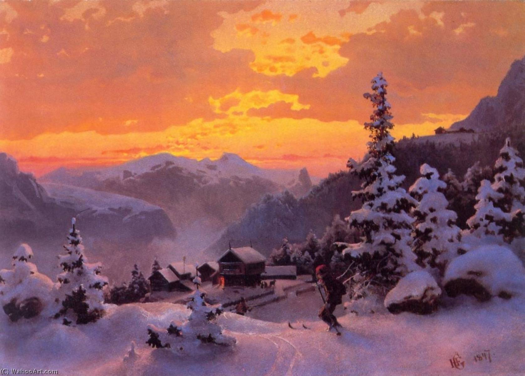 Wikioo.org - The Encyclopedia of Fine Arts - Painting, Artwork by Hans Fredrik Gude - Norsk bokmål Vinterettermiddag English Winter Afternoon