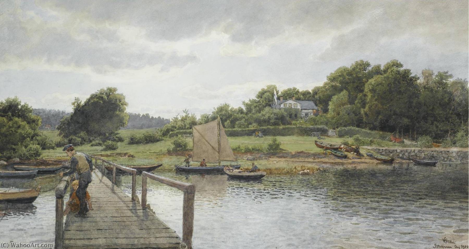 Wikioo.org - The Encyclopedia of Fine Arts - Painting, Artwork by Hans Fredrik Gude - Fishing at Sølvkronen