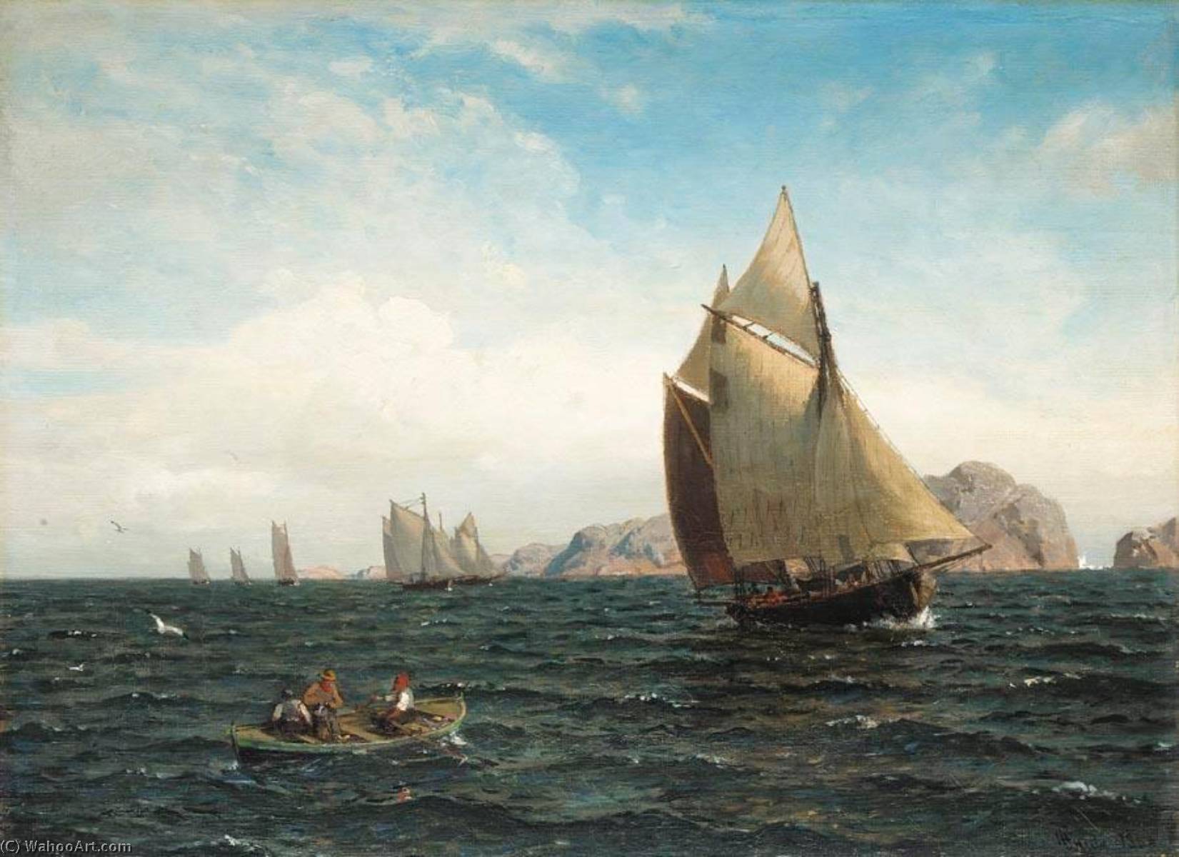 Wikioo.org - สารานุกรมวิจิตรศิลป์ - จิตรกรรม Hans Fredrik Gude - Sailboats on the fjord Sailing of the Norwegian coast