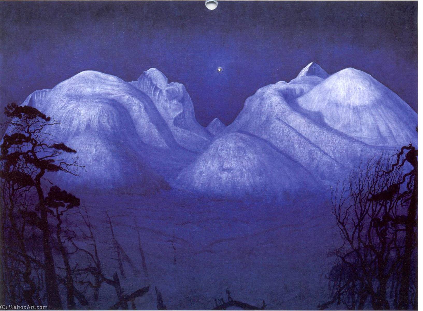 WikiOO.org - Encyclopedia of Fine Arts - Lukisan, Artwork Harald Sohlberg - Norwegian Vinternatt i fjellene