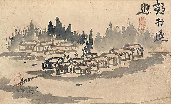 Wikioo.org - The Encyclopedia of Fine Arts - Painting, Artwork by Ike Taiga - Evening Glow in a Mountain Village and Calligraphy