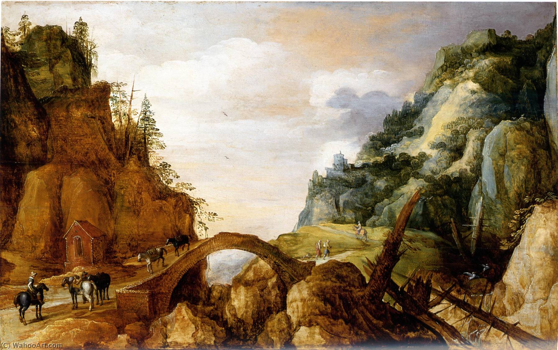 Wikioo.org - The Encyclopedia of Fine Arts - Painting, Artwork by Joos De Momper The Younger - A Mountainous Landscape with Horsemen and Travellers Crossing a Bridge