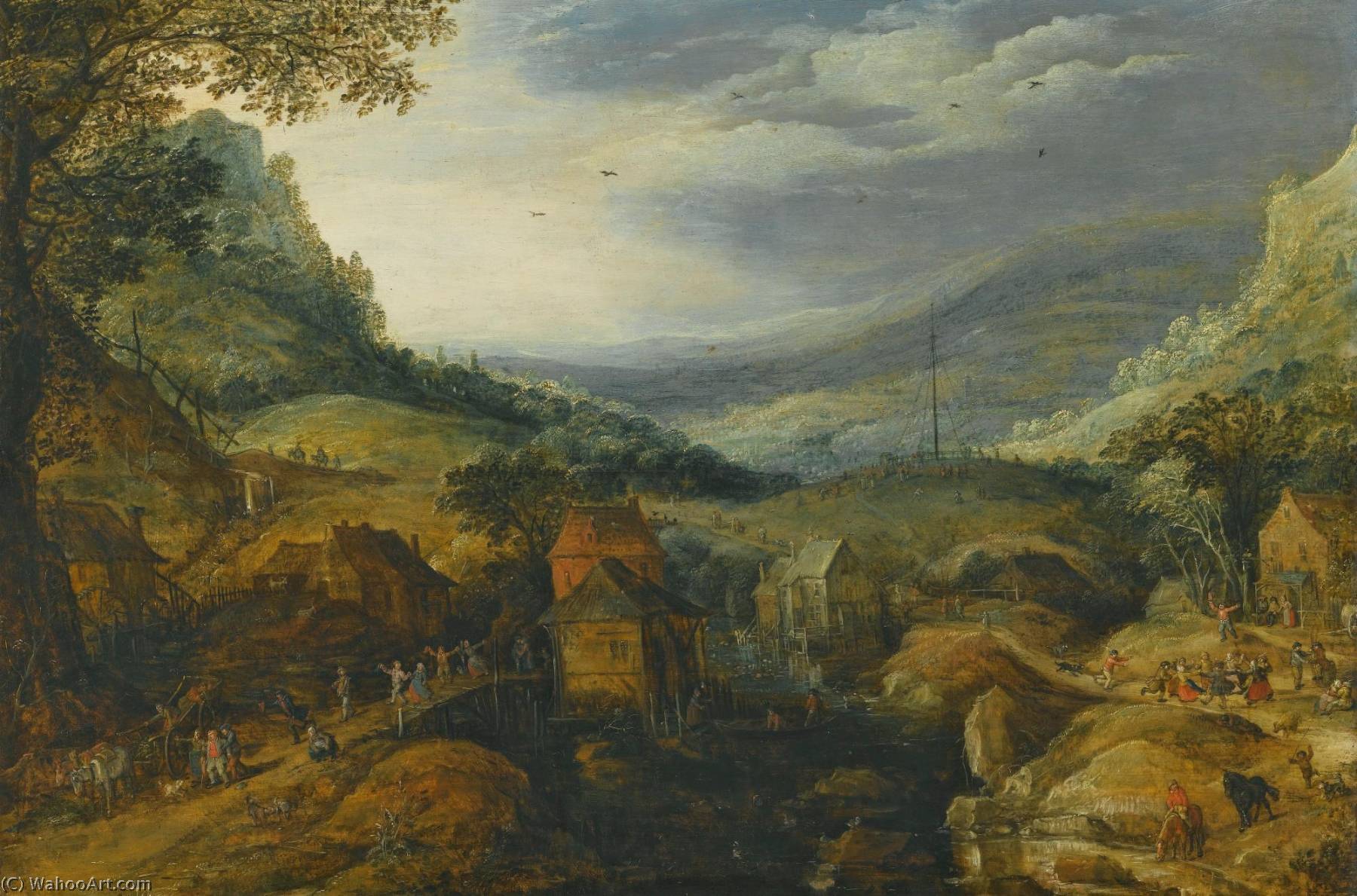 Wikioo.org - The Encyclopedia of Fine Arts - Painting, Artwork by Joos De Momper The Younger - Mountain landscape with country folk dancing and merrymaking
