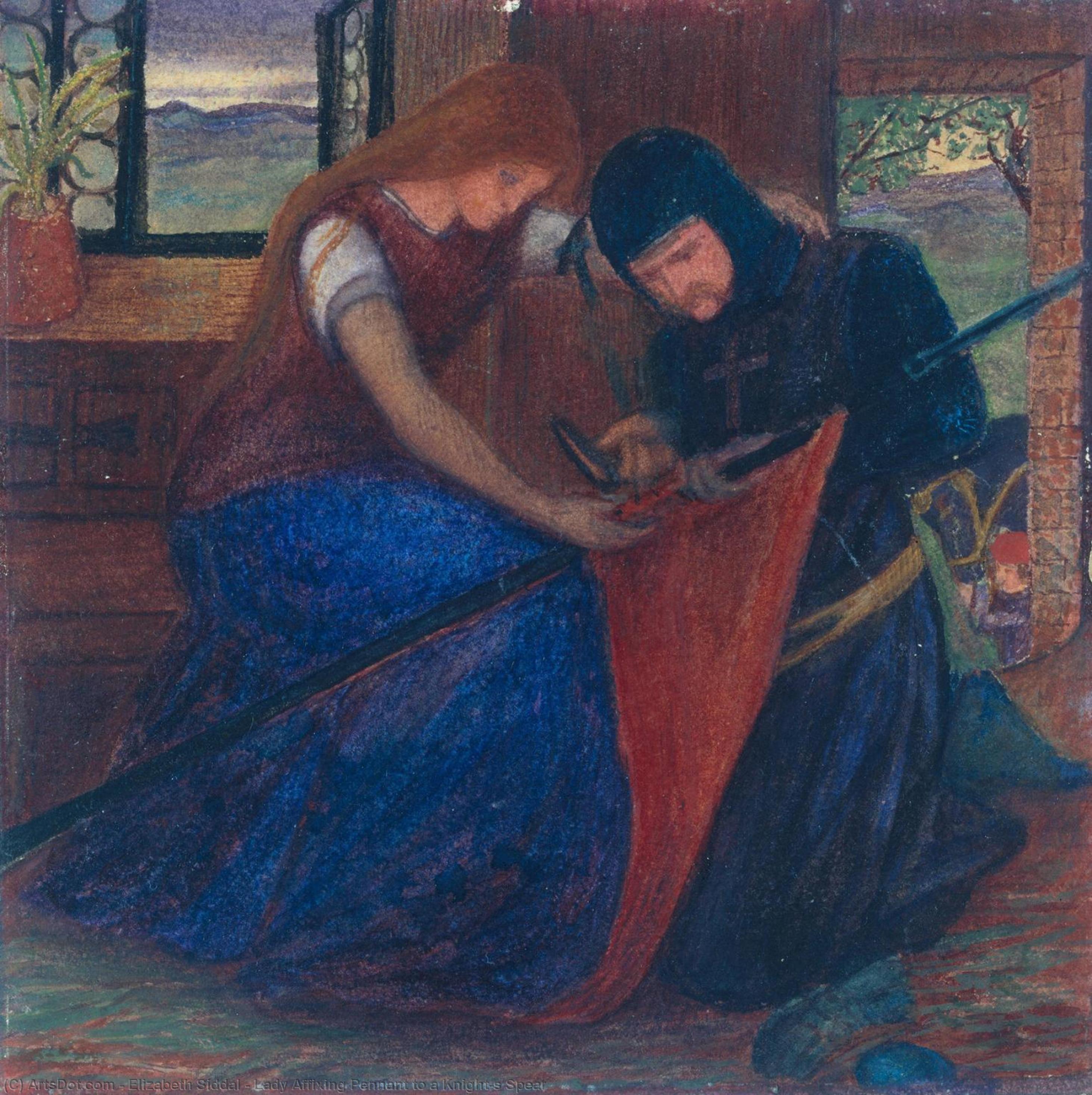 Wikioo.org - The Encyclopedia of Fine Arts - Painting, Artwork by Elizabeth Siddal - Lady Affixing Pennant to a Knight’s Spear