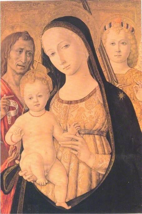 Wikioo.org - The Encyclopedia of Fine Arts - Painting, Artwork by Matteo Di Giovanni Di Bartolo - Madonna and Child with Saint John the Baptist and Saint Michael the Archangel
