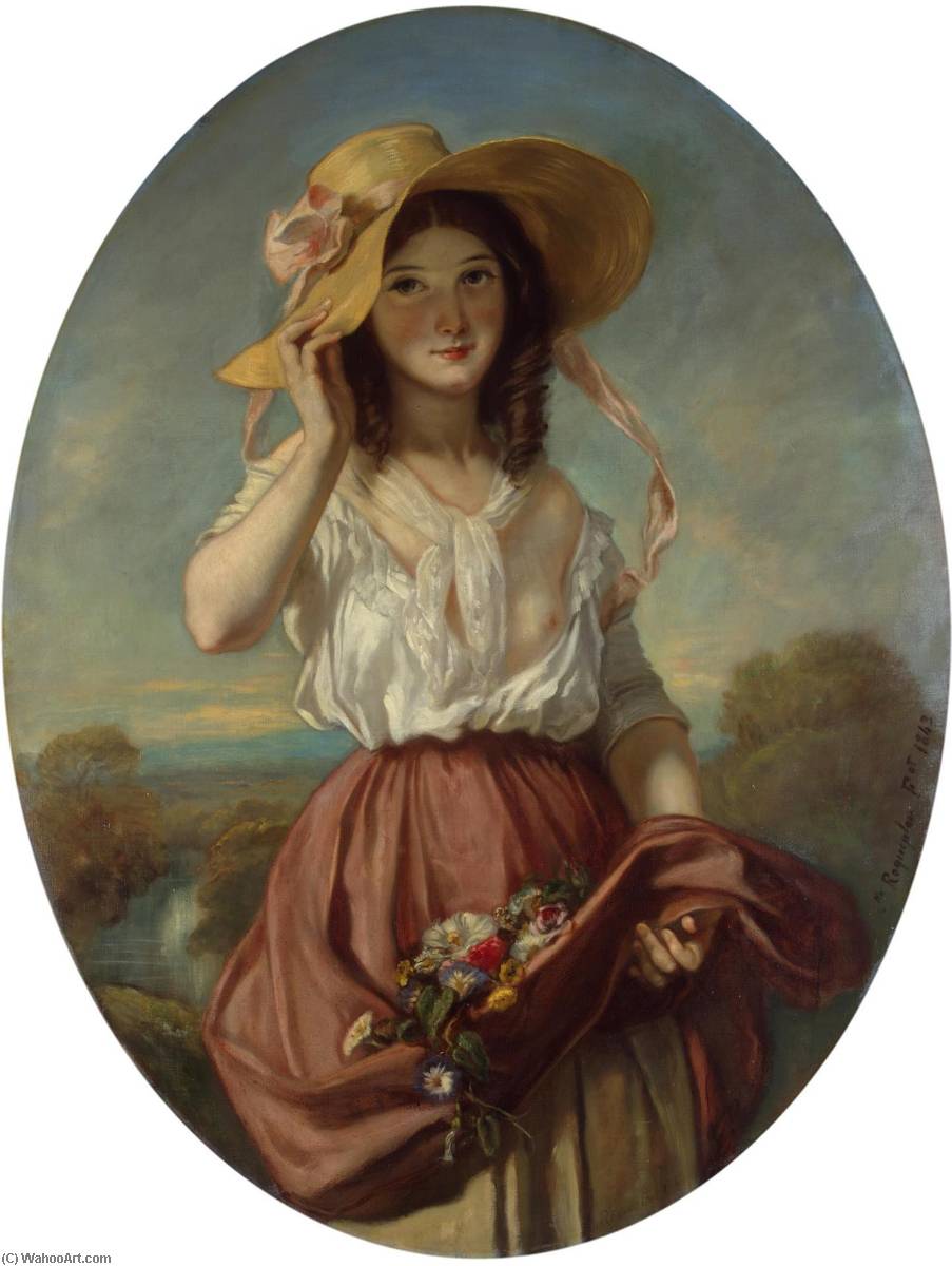 Wikioo.org - The Encyclopedia of Fine Arts - Painting, Artwork by Camille Joseph Étienne Roqueplan - Girl with Flowers
