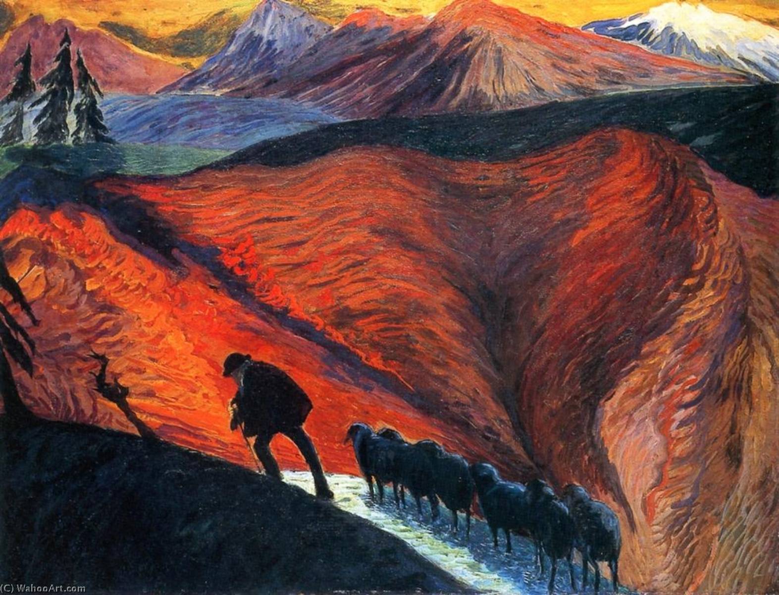 Wikioo.org - The Encyclopedia of Fine Arts - Painting, Artwork by Marianne Von Werefkin - Man with Flock of Sheep