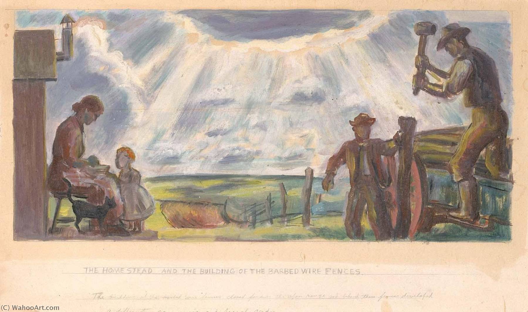 Wikioo.org - The Encyclopedia of Fine Arts - Painting, Artwork by John Steuart Curry - The Homestead and the Building of the Barbed Wire Fences (Mural Study for Interior Building, General Land Office, Washington, D.C.)