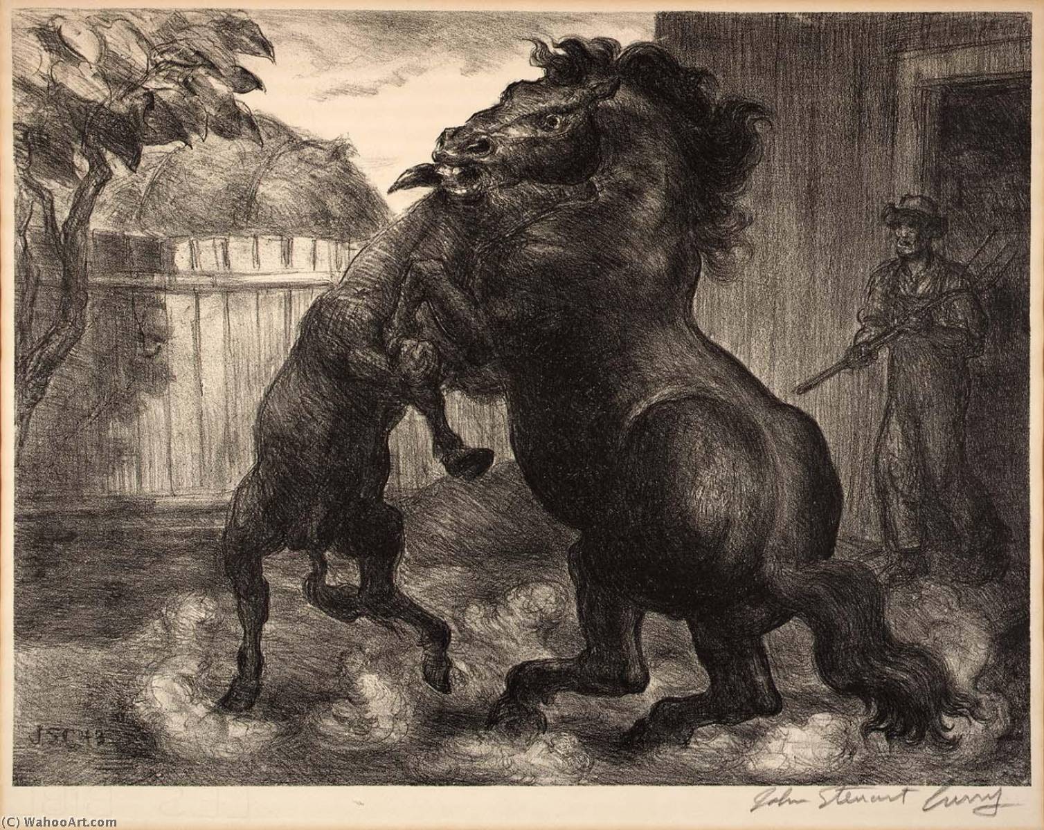 Wikioo.org - Encyklopedia Sztuk Pięknych - Malarstwo, Grafika John Steuart Curry - Stallion and Jack Fighting