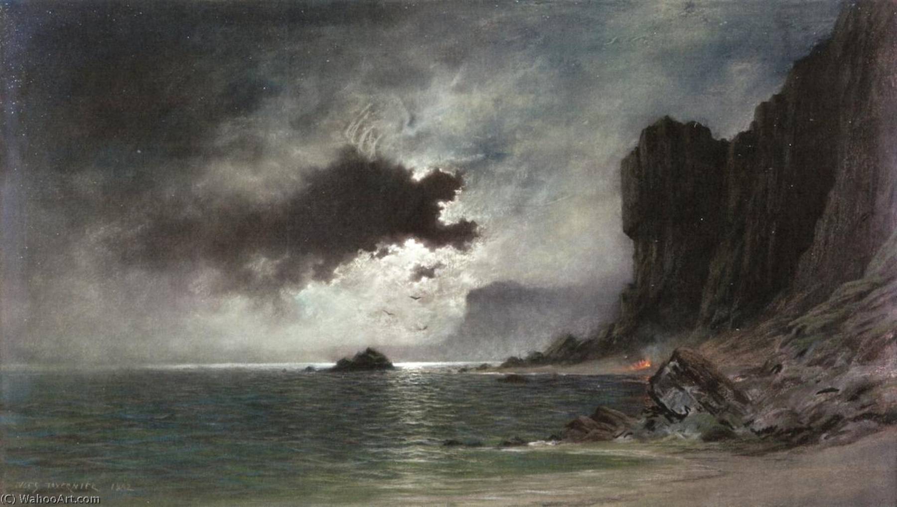 Wikioo.org - The Encyclopedia of Fine Arts - Painting, Artwork by Jules Tavernier - Moonlight on the Coast