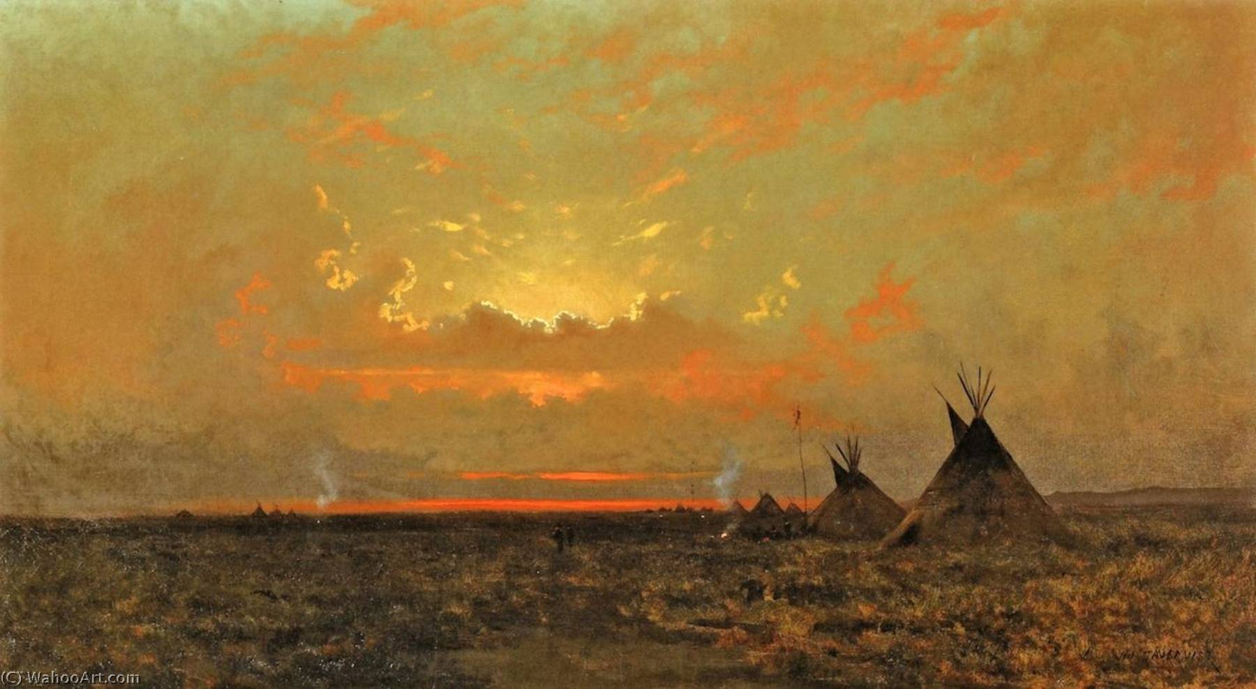 Wikioo.org - The Encyclopedia of Fine Arts - Painting, Artwork by Jules Tavernier - Indian Encampment at Dusk