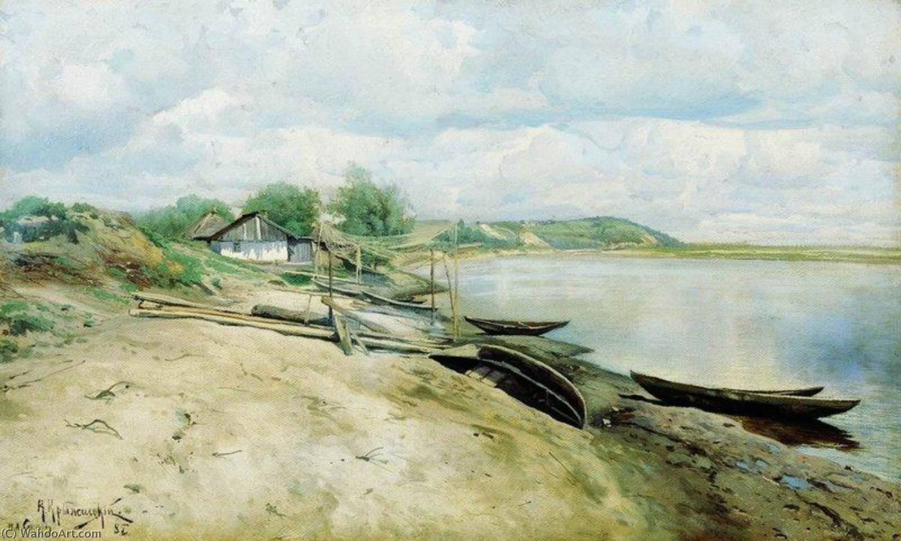 Wikioo.org - The Encyclopedia of Fine Arts - Painting, Artwork by Konstantin Yakovlevich Kryzhitsky - Fishing Village on the Dnieper River