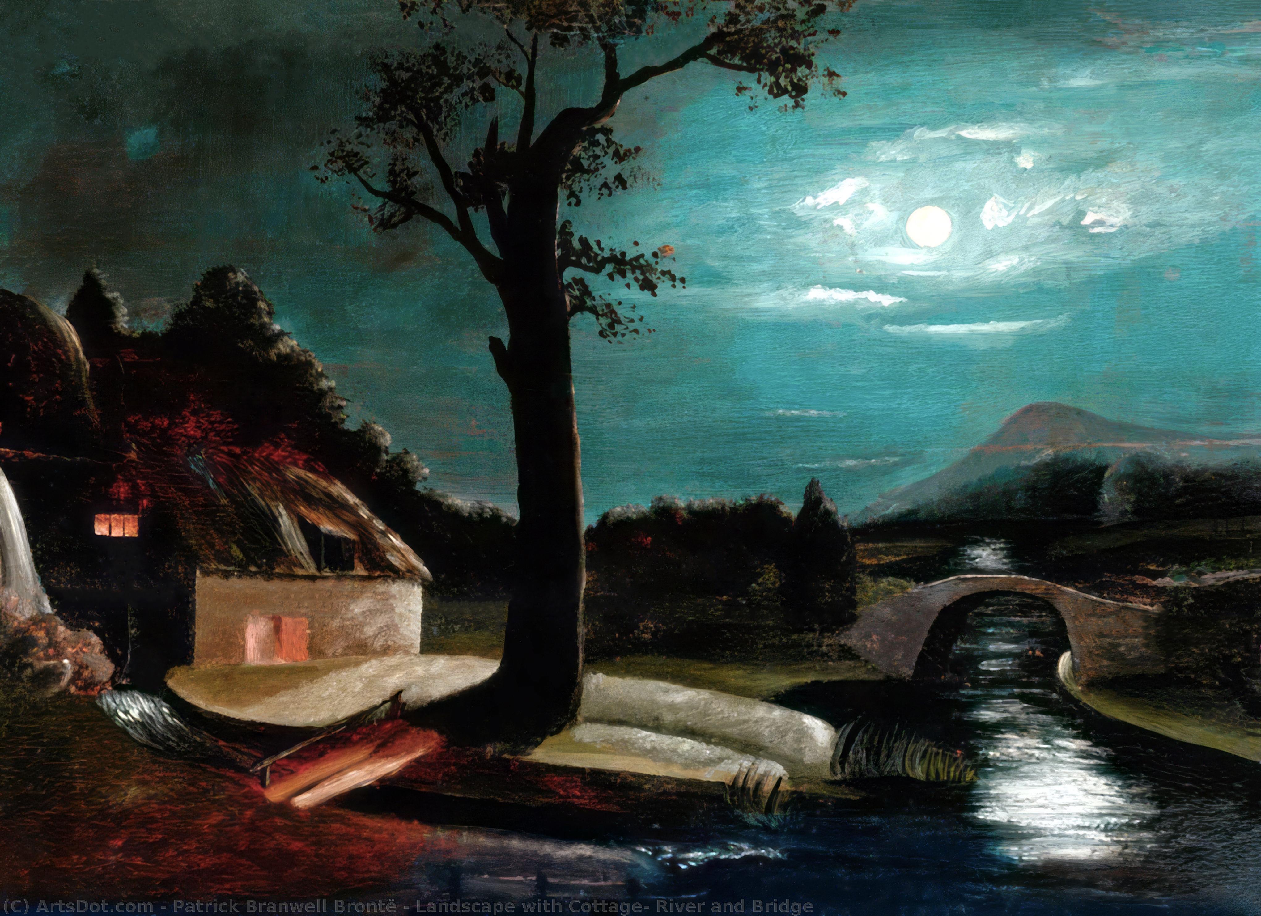 Wikioo.org - The Encyclopedia of Fine Arts - Painting, Artwork by Patrick Branwell Brontë - Landscape with Cottage, River and Bridge