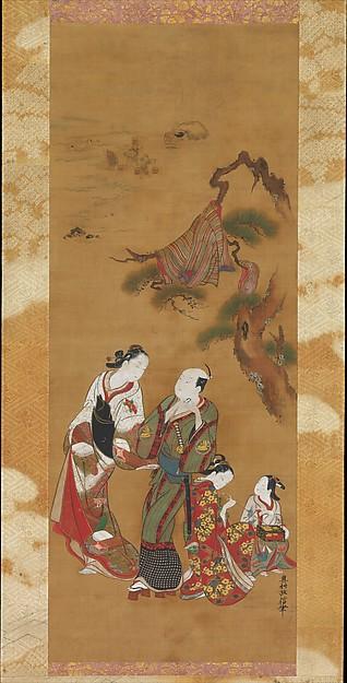 WikiOO.org - Encyclopedia of Fine Arts - Lukisan, Artwork Okumura Masanobu - Yukihira and Two Brinemaidens at Suma