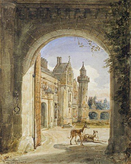 Wikioo.org - The Encyclopedia of Fine Arts - Painting, Artwork by William Allan - The Facade of Abbotsford, seen through the Entrance Gate