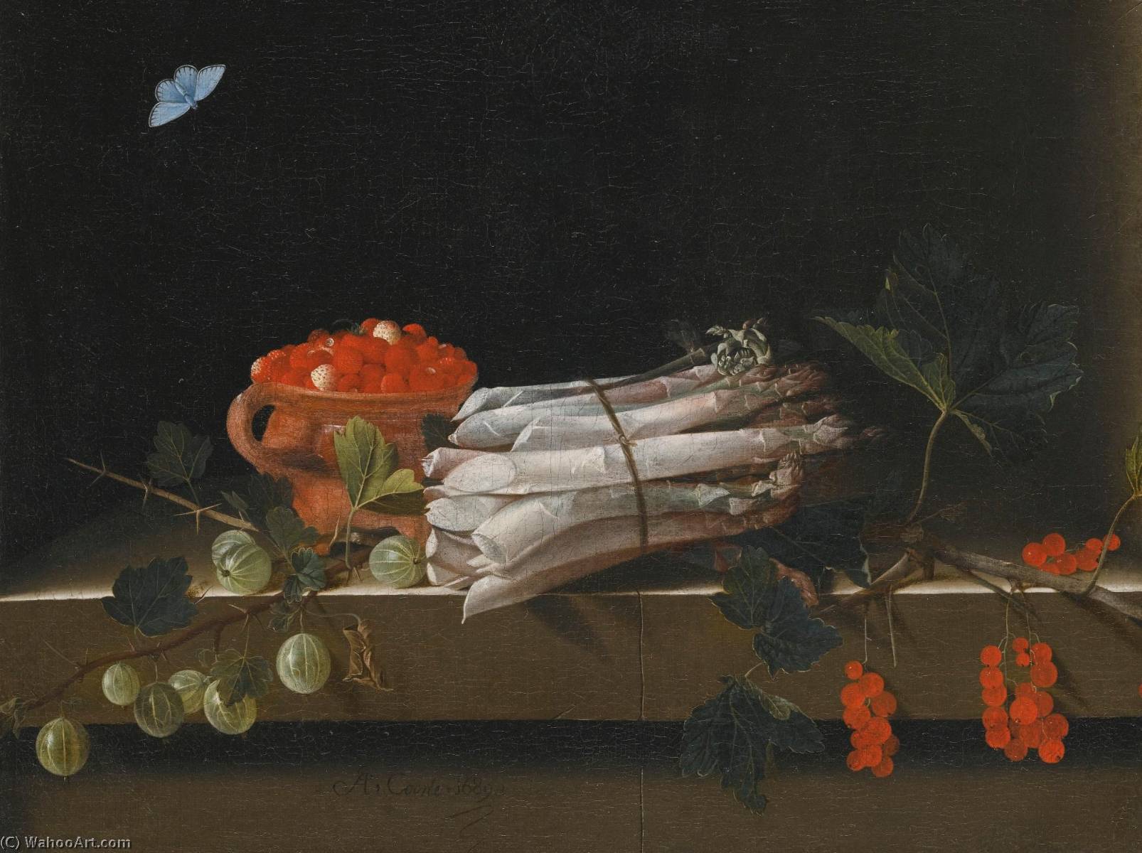 Wikioo.org - The Encyclopedia of Fine Arts - Painting, Artwork by After Adriaen Coorte - Still life of an earthenware bowl of wild strawberries, a bundle of asparagus and sprigs of gooseberry and redcurrants, all on a stone ledge with a pale blue butterfly above