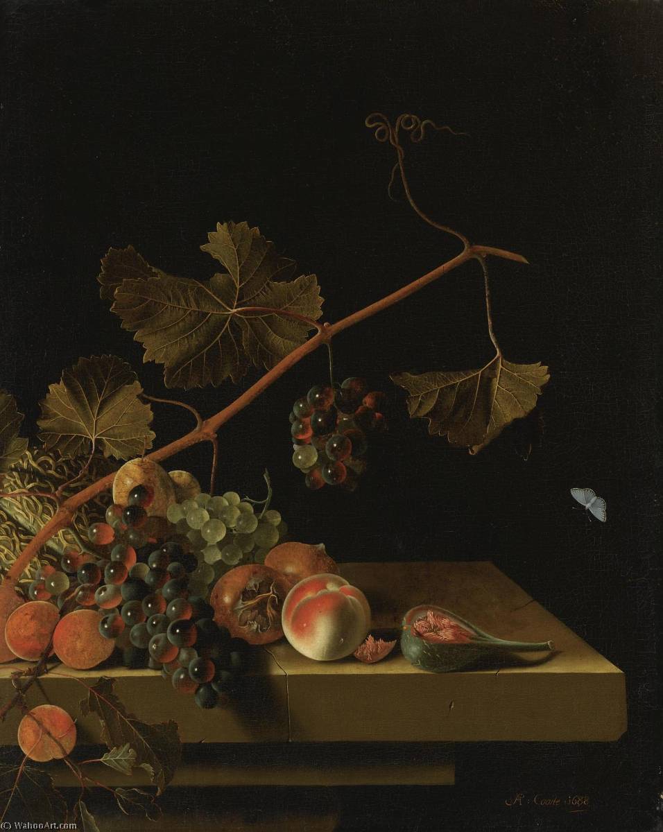 WikiOO.org - Encyclopedia of Fine Arts - Malba, Artwork After Adriaen Coorte - English Still Life with a Melon, Grapevine, Medlars, Apricots, a Peach and a Fig