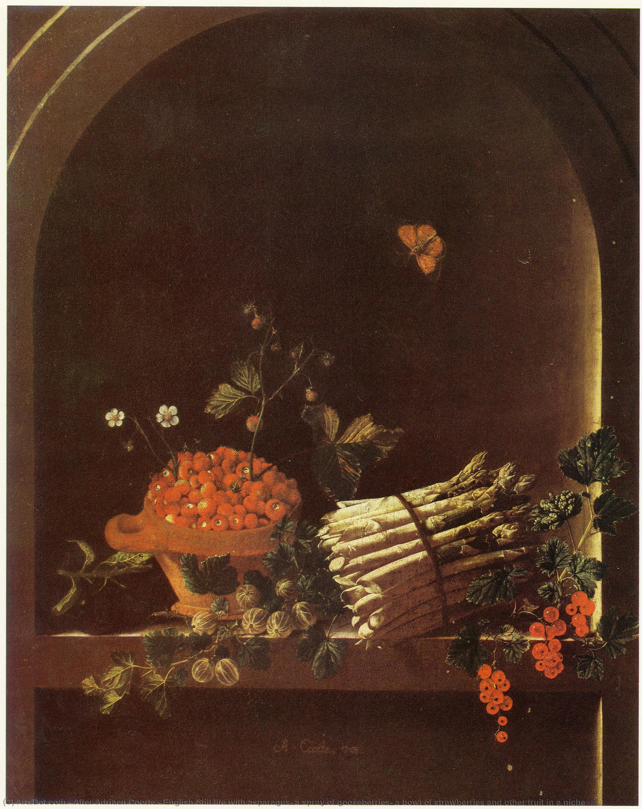 Wikioo.org - The Encyclopedia of Fine Arts - Painting, Artwork by After Adriaen Coorte - English Still life with asparagus, a spray of gooseberries, a bowl of strawberries and other fruit in a niche
