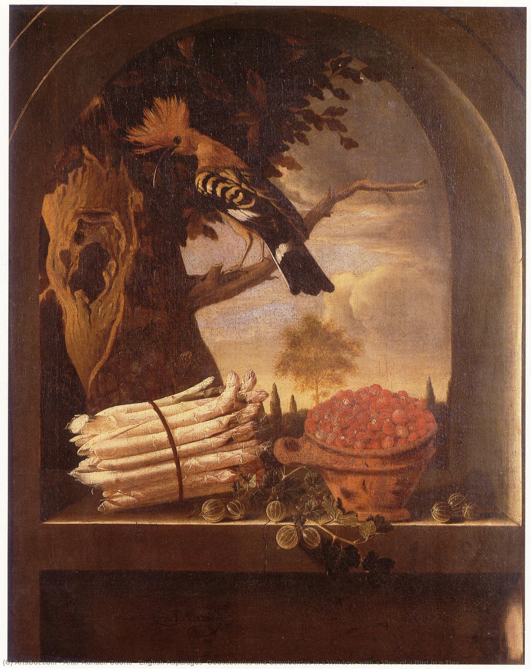 Wikioo.org - The Encyclopedia of Fine Arts - Painting, Artwork by After Adriaen Coorte - English Asparagus, Gooseberries and Strawberries in a Window, with a View of a Bird in a Tree