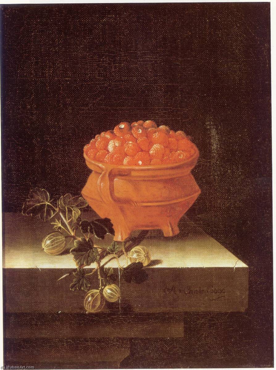 Wikioo.org – L'Enciclopedia delle Belle Arti - Pittura, Opere di After Adriaen Coorte - Inglese Ancora la vita con un ciotola di fragole e un spruzzo di uva spina