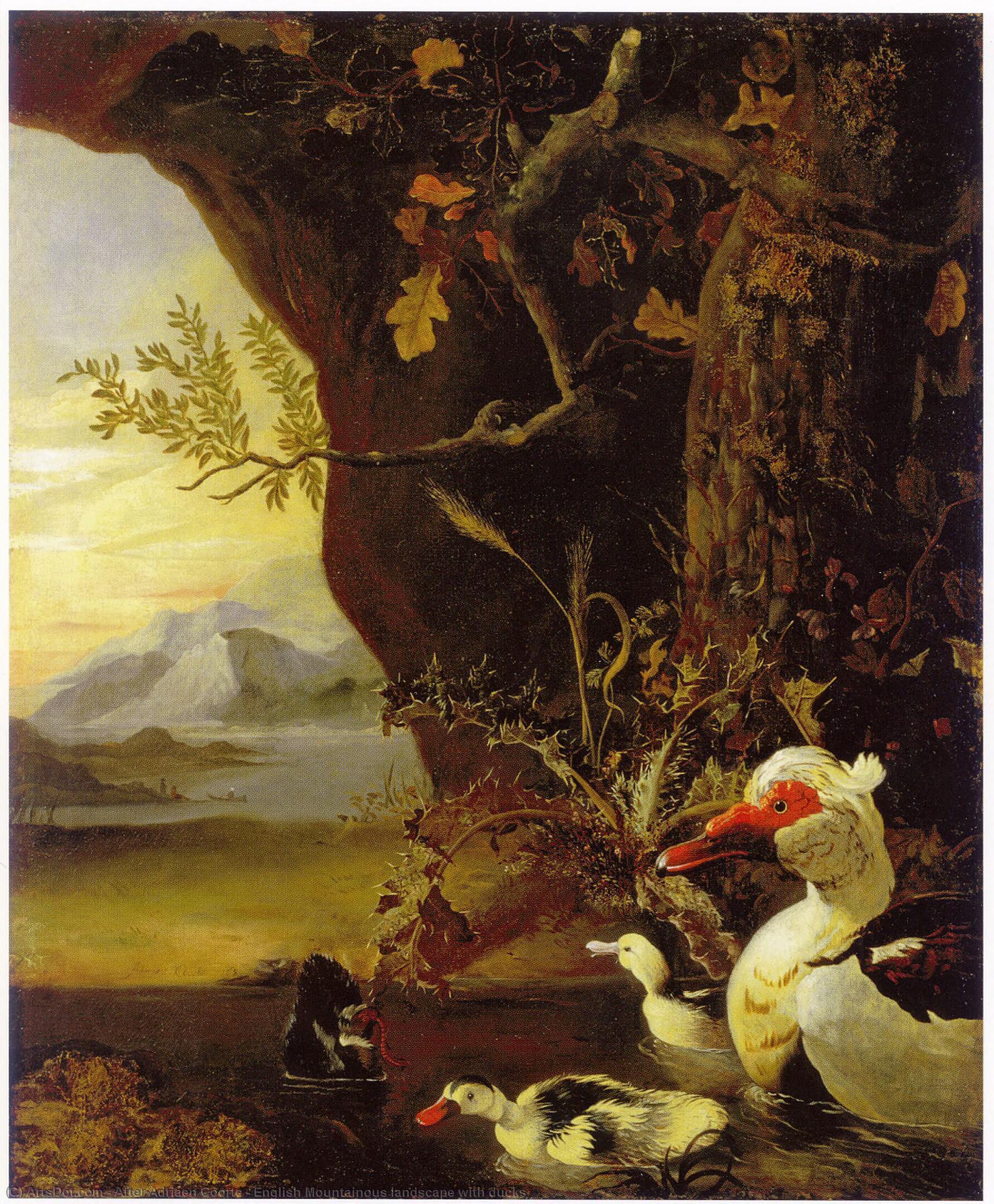 Wikioo.org - The Encyclopedia of Fine Arts - Painting, Artwork by After Adriaen Coorte - English Mountainous landscape with ducks