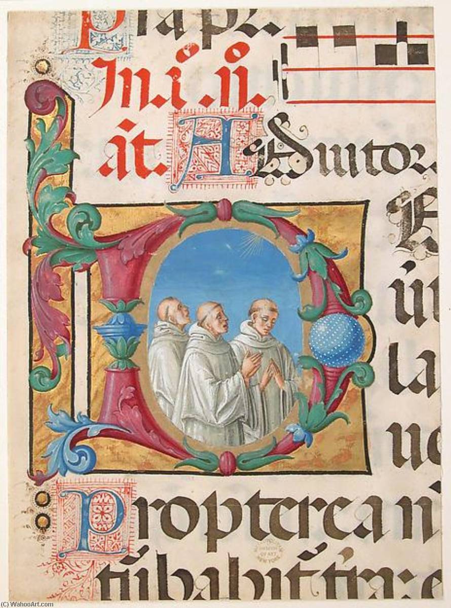 WikiOO.org - Encyclopedia of Fine Arts - Lukisan, Artwork Girolamo Dai Libri - Manuscript Illumination with Singing Monks in an Initial D, from a Psalter
