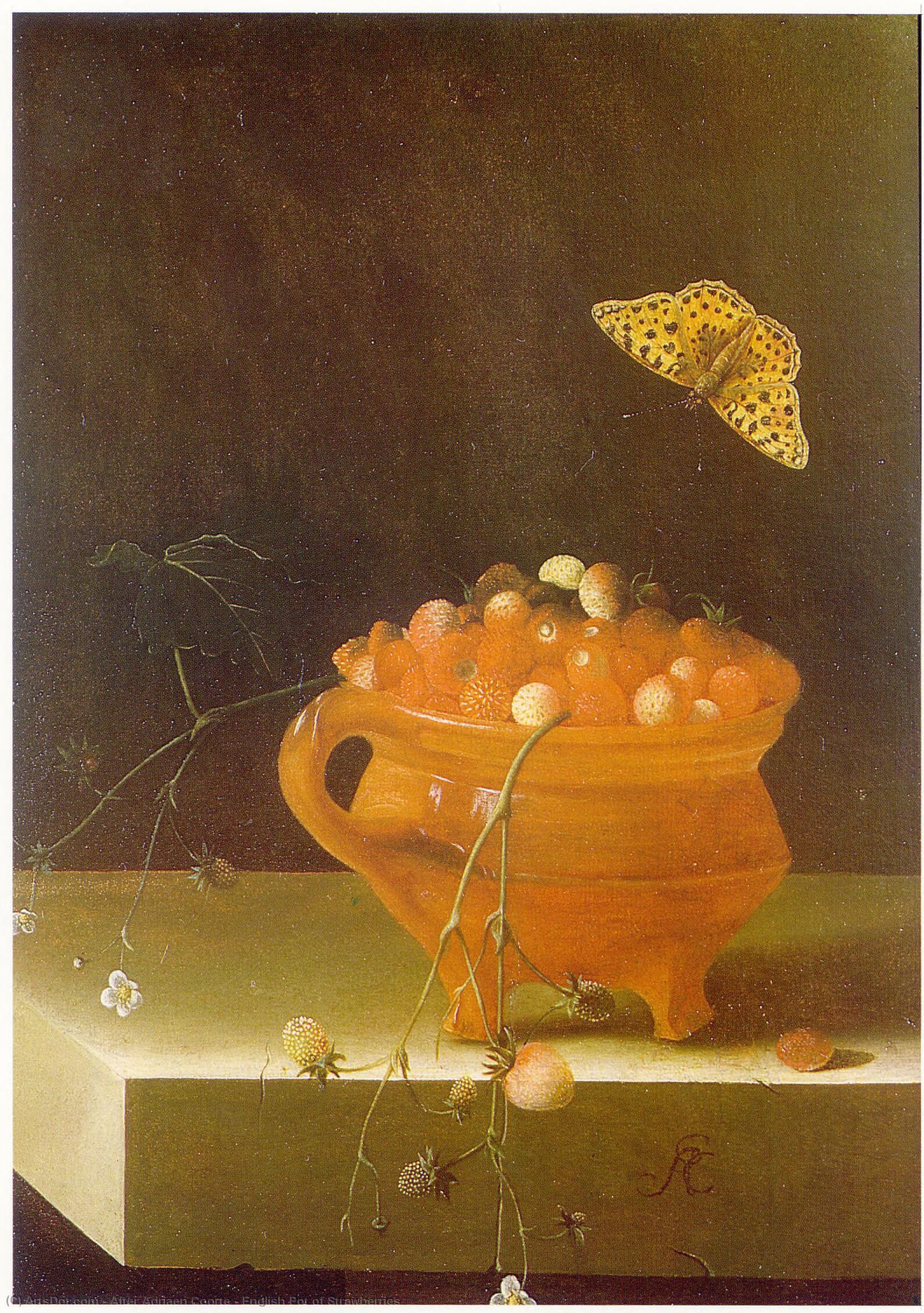 Wikioo.org - The Encyclopedia of Fine Arts - Painting, Artwork by After Adriaen Coorte - English Pot of Strawberries