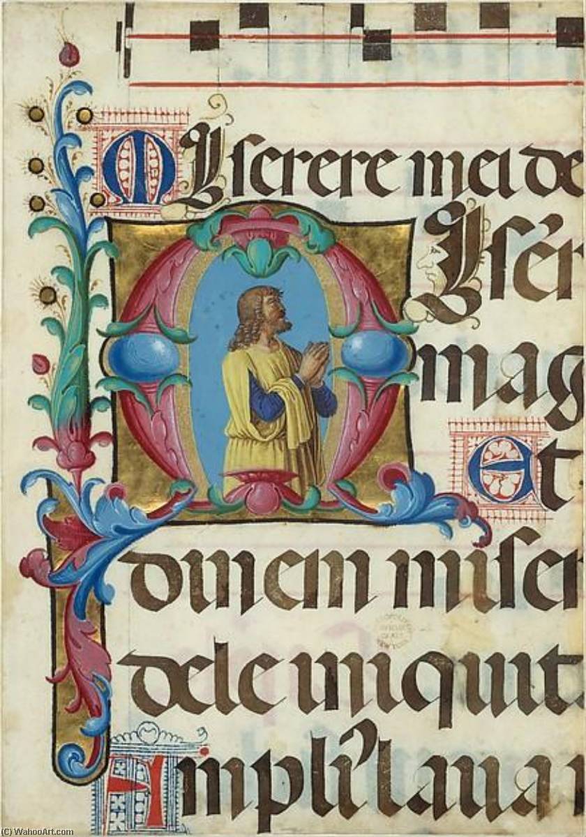 Wikioo.org - The Encyclopedia of Fine Arts - Painting, Artwork by Girolamo Dai Libri - Manuscript Illumination with David in Prayer in an Initial M, from a Psalter