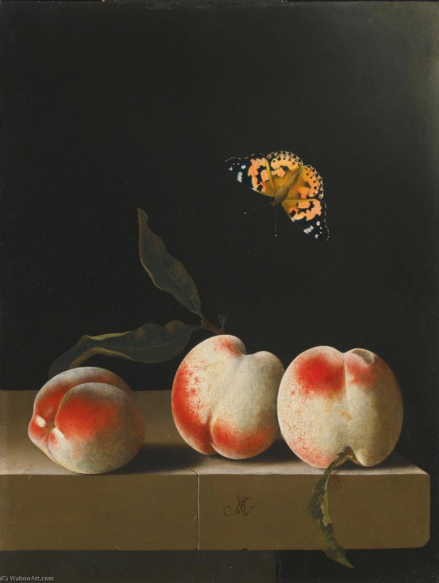 Wikioo.org - The Encyclopedia of Fine Arts - Painting, Artwork by After Adriaen Coorte - English Three peaches on a stone ledge with a Painted Lady butterfly
