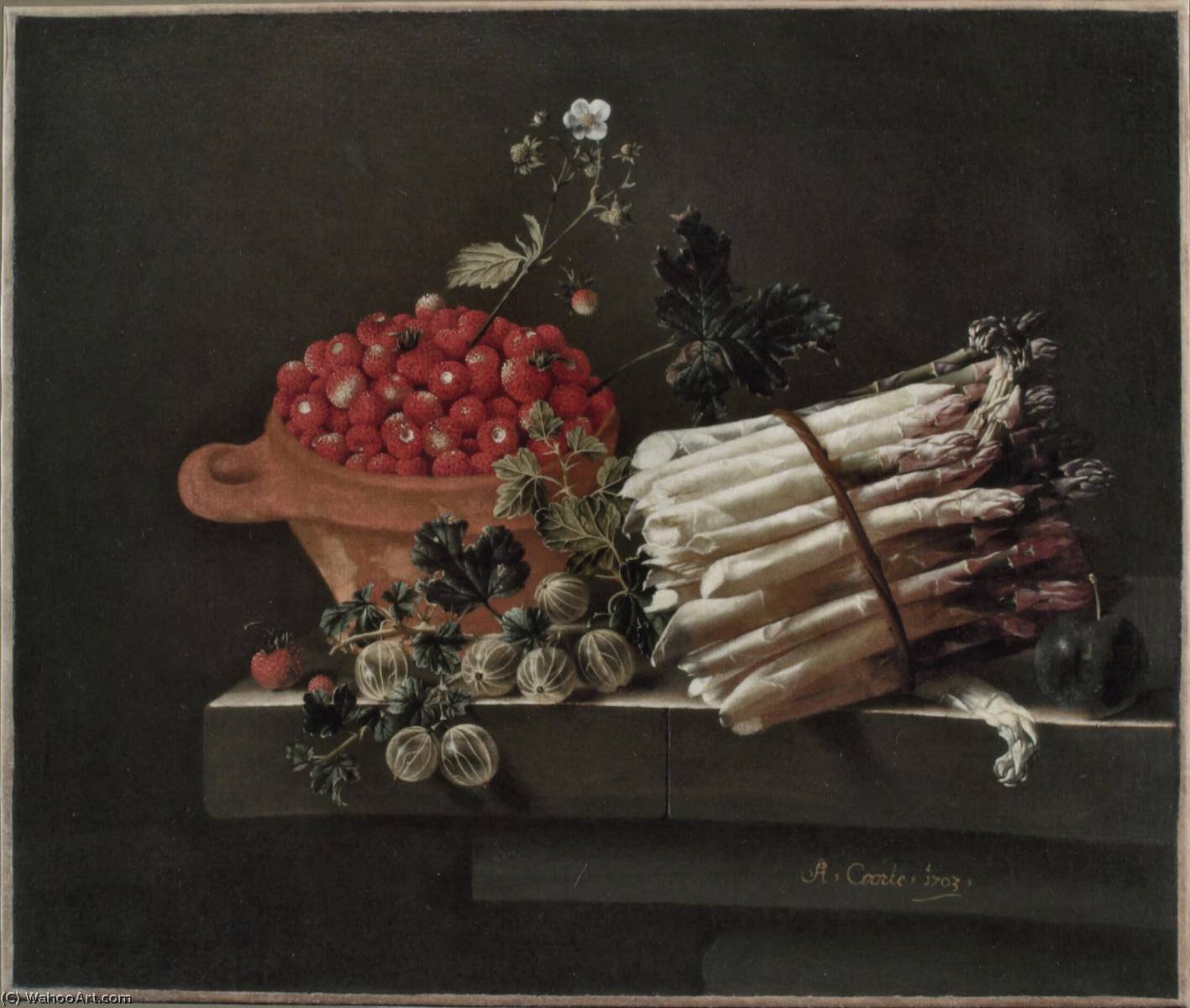Wikioo.org - The Encyclopedia of Fine Arts - Painting, Artwork by After Adriaen Coorte - English A Pot of Strawberries, Gooseberries, and a Bundle of Asparagus on a Stone Plinth
