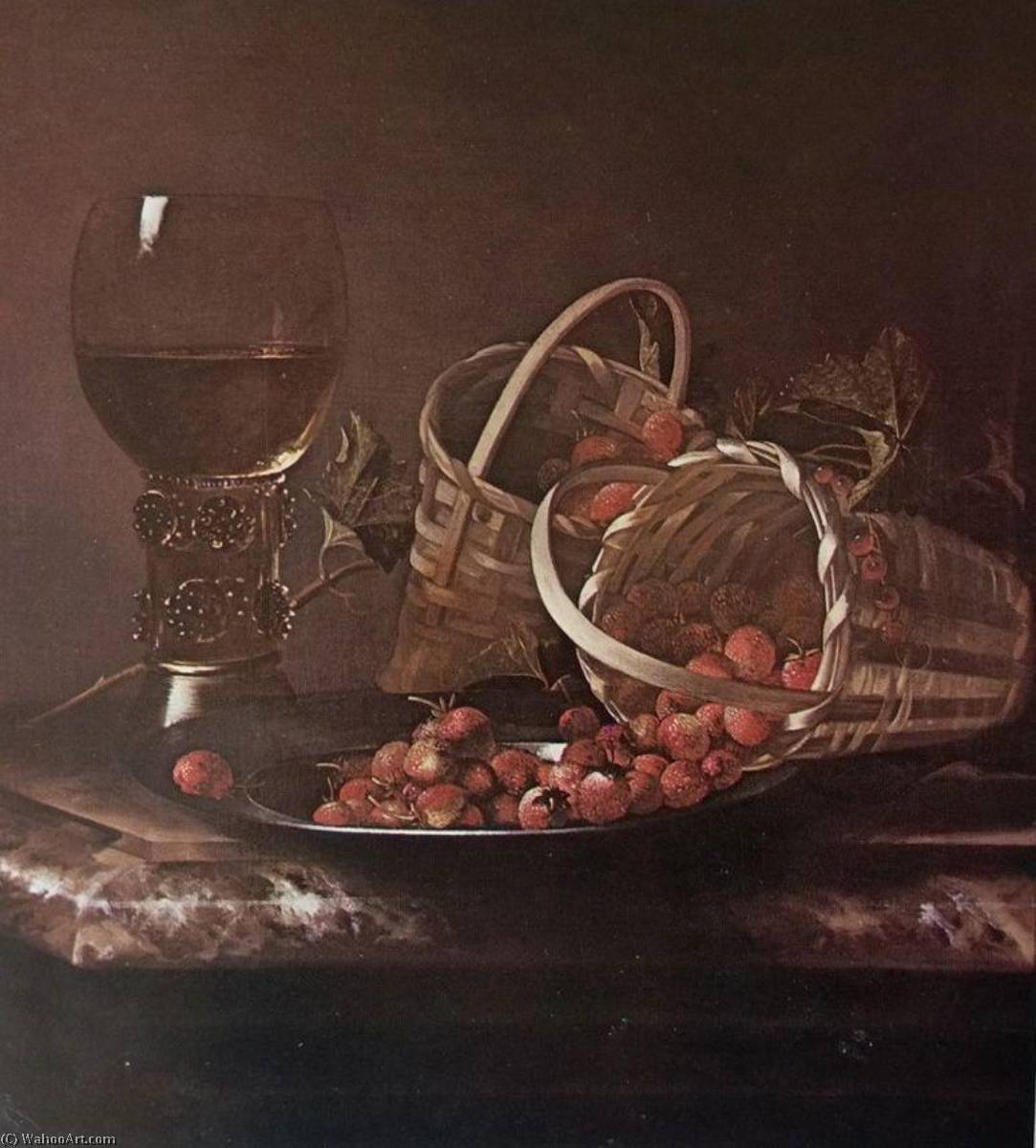 Wikioo.org - The Encyclopedia of Fine Arts - Painting, Artwork by After Adriaen Coorte - English Strawberries and red currants with a roemer on a marble ledge