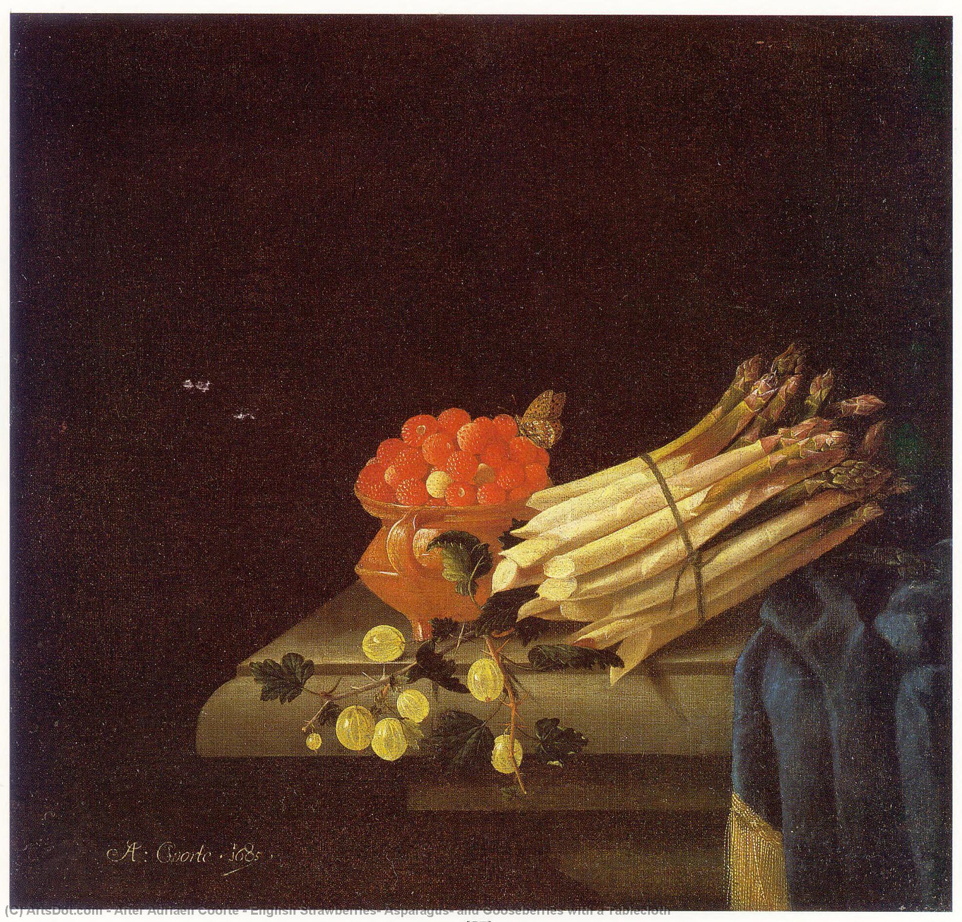 Wikioo.org - The Encyclopedia of Fine Arts - Painting, Artwork by After Adriaen Coorte - English Strawberries, Asparagus, and Gooseberries with a Tablecloth