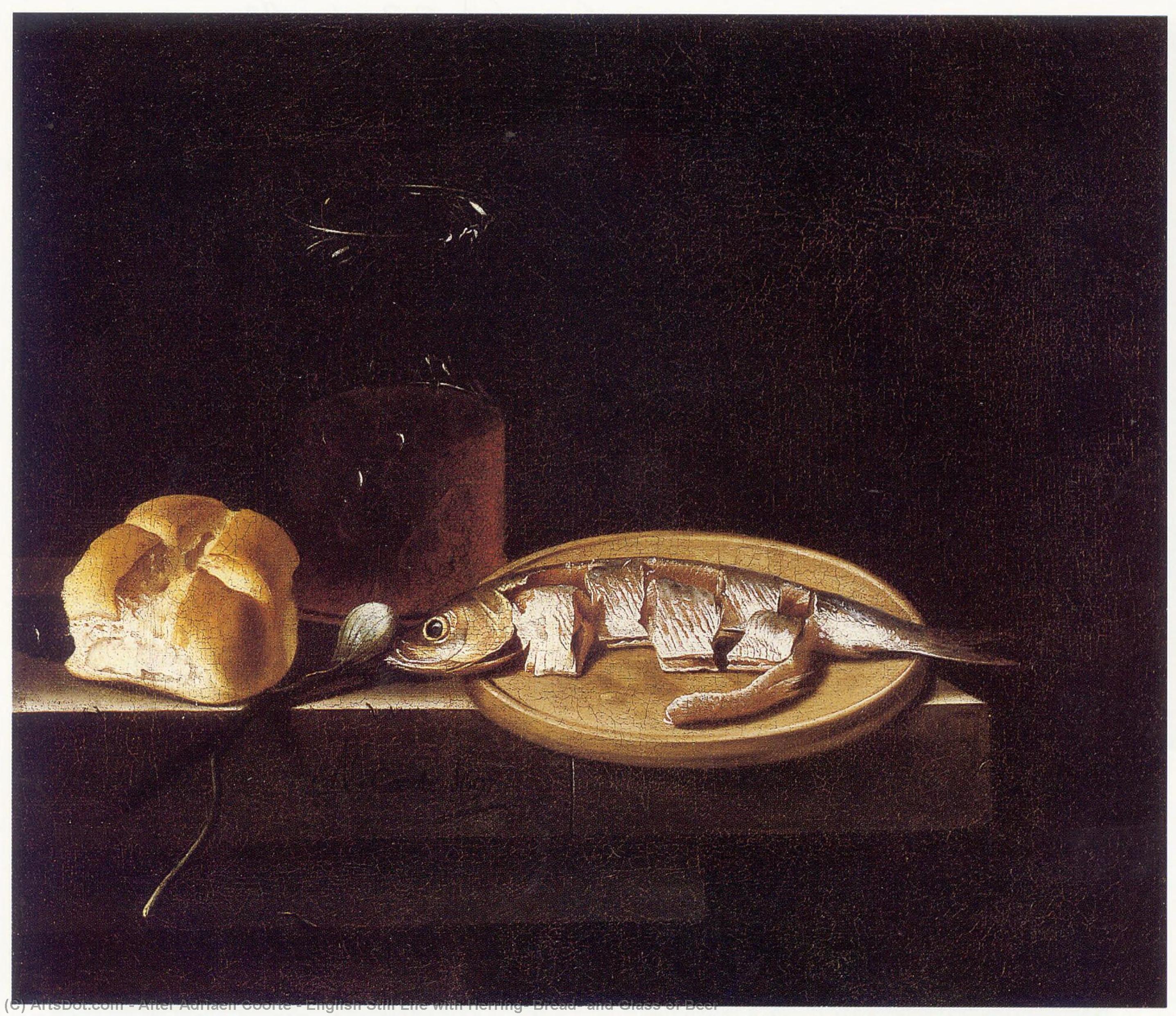 Wikioo.org - The Encyclopedia of Fine Arts - Painting, Artwork by After Adriaen Coorte - English Still Life with Herring, Bread, and Glass of Beer