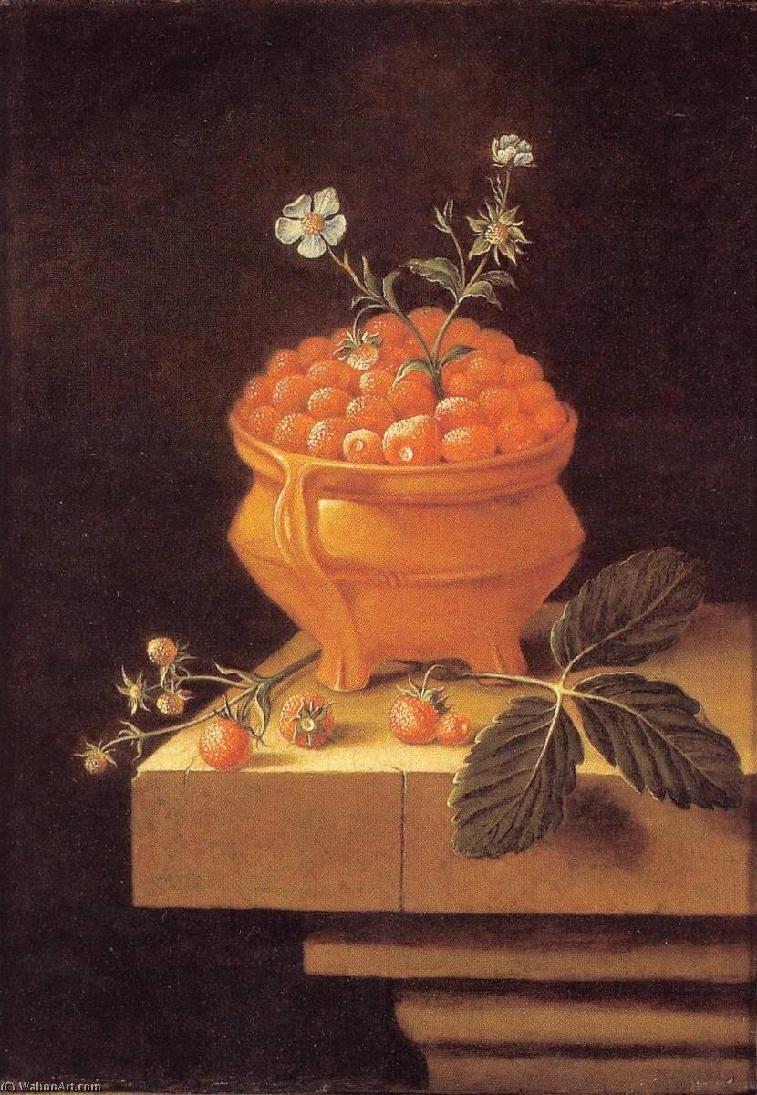 Wikioo.org - The Encyclopedia of Fine Arts - Painting, Artwork by After Adriaen Coorte - English Still life with a pot of strawberries on a stone table