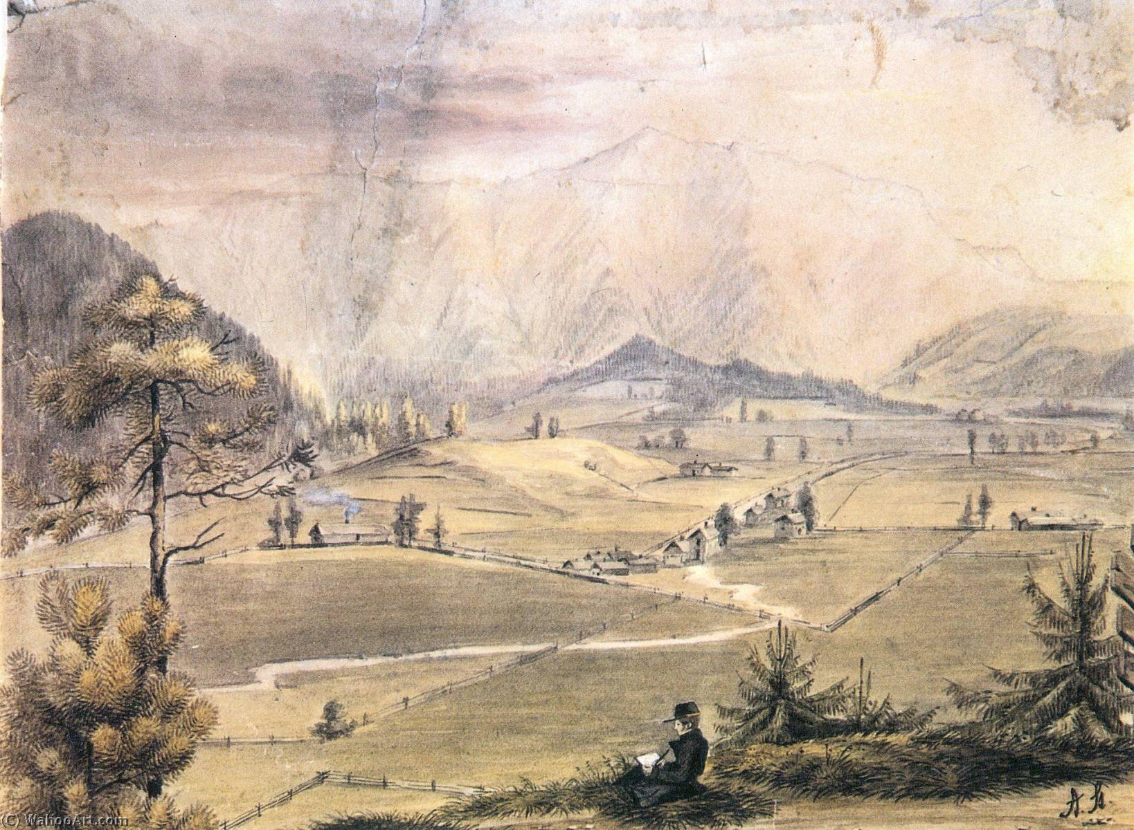 WikiOO.org - Encyclopedia of Fine Arts - Lukisan, Artwork Adalbert Stifter - Blick auf die Falkenmauer aus der Gegend von Kremsmünster