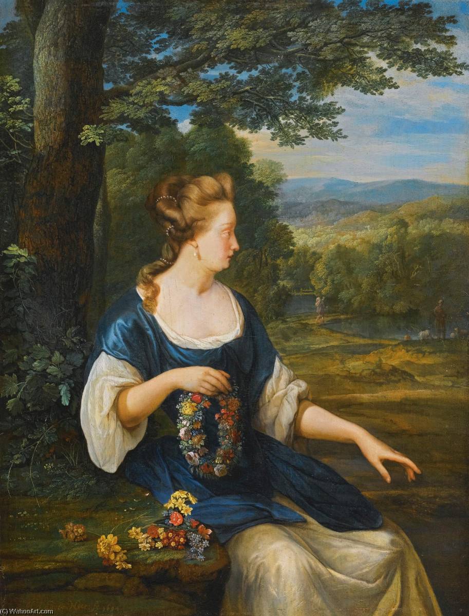Wikioo.org - The Encyclopedia of Fine Arts - Painting, Artwork by Eglon Van Der Neer - Portrait of a young woman, three quarter length, seated in a landscape holding a floral wreath