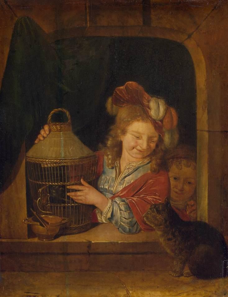Wikioo.org - Bách khoa toàn thư về mỹ thuật - Vẽ tranh, Tác phẩm nghệ thuật Eglon Van Der Neer - Children with a Cage and a Cat