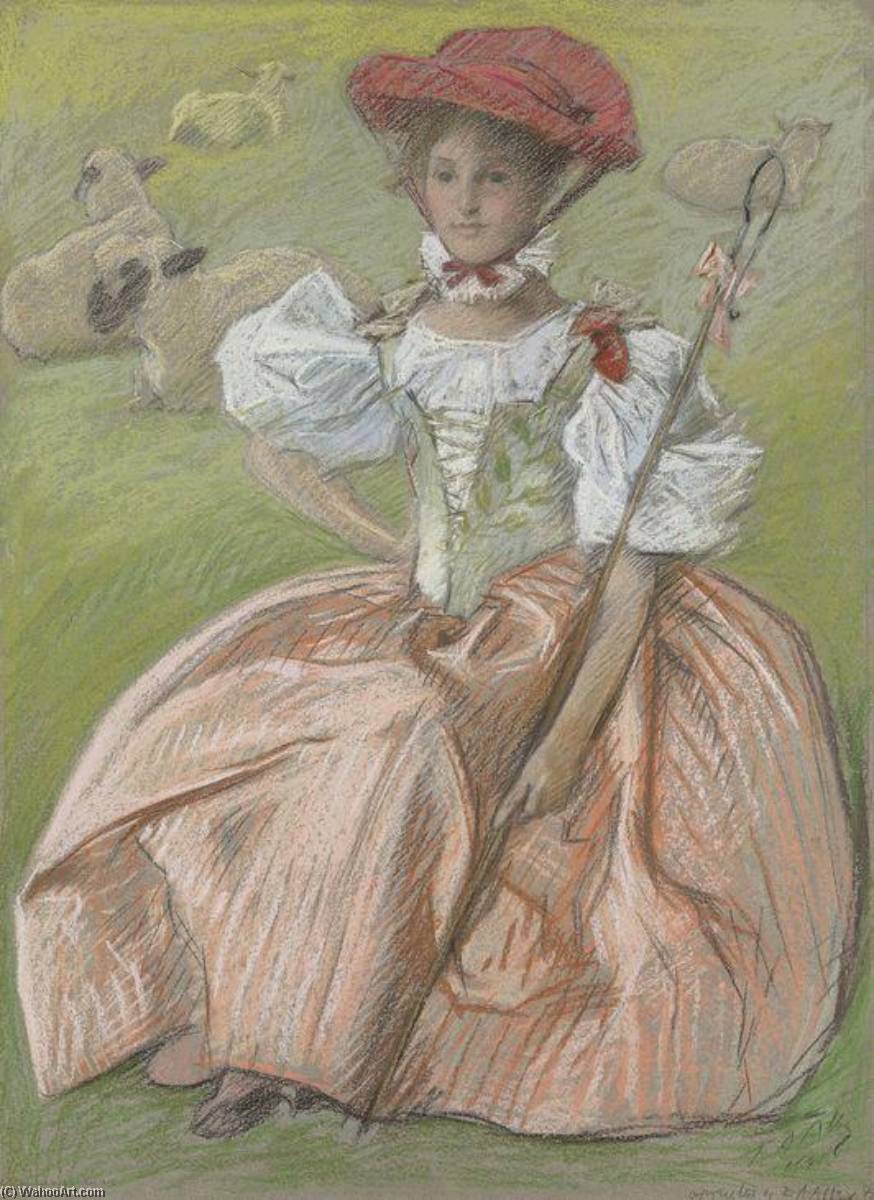 Wikioo.org - The Encyclopedia of Fine Arts - Painting, Artwork by Edwin Austin Abbey - Lady in pink dress as shepherdess