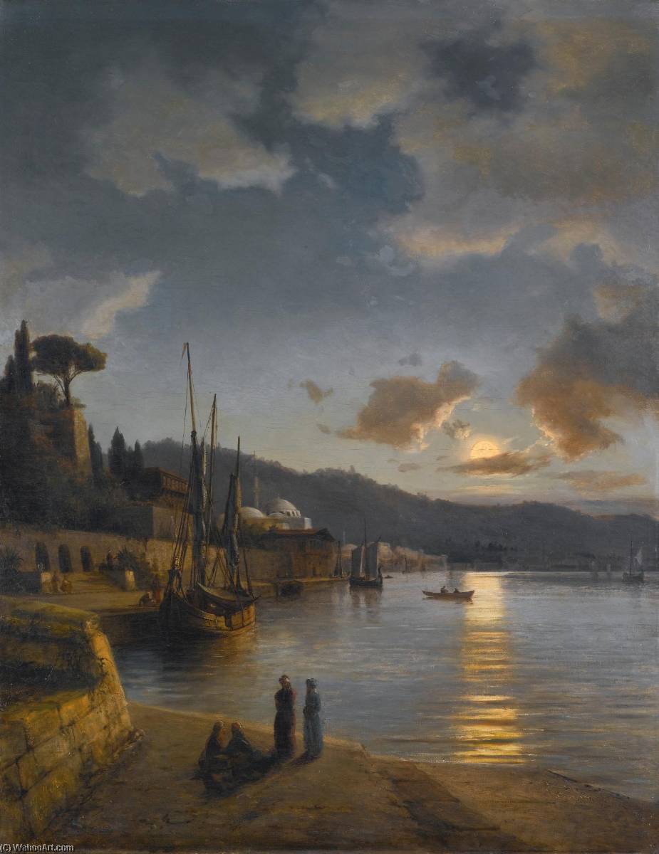 Wikioo.org - The Encyclopedia of Fine Arts - Painting, Artwork by Anton Melbye (Daniel Herman Anton Melbye) - A Turkish Harbour by Moonlight