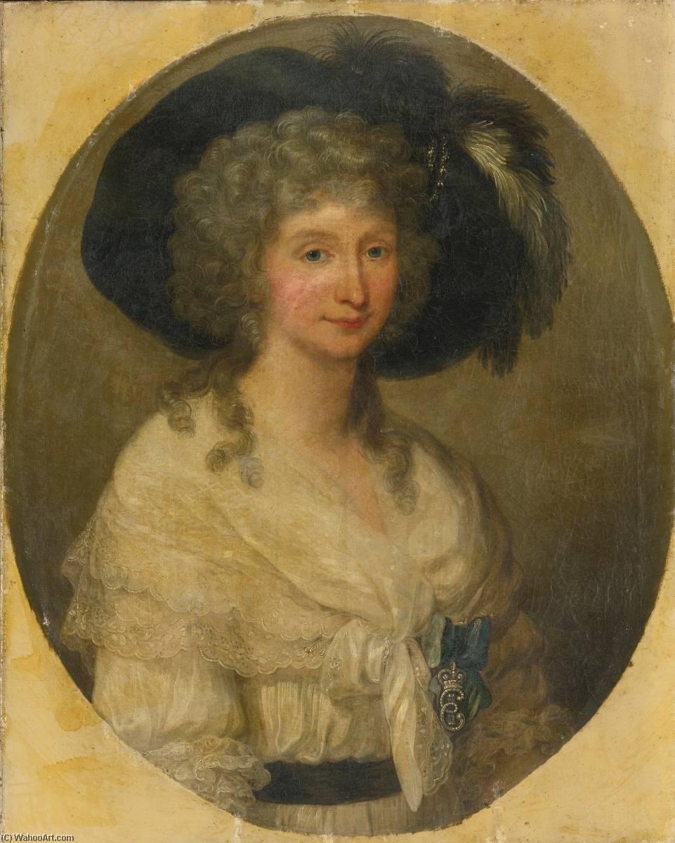 Wikioo.org - The Encyclopedia of Fine Arts - Painting, Artwork by Angelica Kauffman (Maria Anna Angelika) - Portrait of Baroness von Bauer, half length, wearing a white, lace dress and a black hat