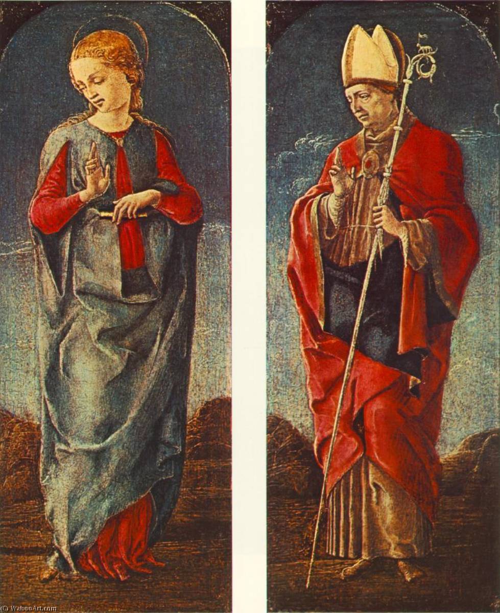 Wikioo.org – La Enciclopedia de las Bellas Artes - Pintura, Obras de arte de Cosmè Tura - Virgen Anunciado y san Maurelio ( paneles de un políptico )